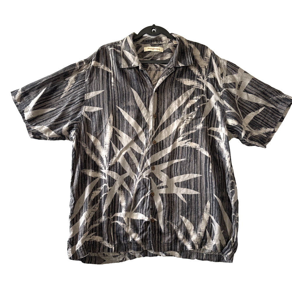 Tommy Bahama Mens Short Sleeve Shirt 100% Linen Gray Hawaiian Print Size XL